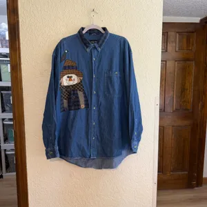 Luna Pier Button Up Denim XL Blue Scarecrow Patchwork Blue Shirt Novelty Fall thumbnail 8