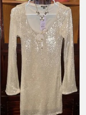 Wild Fable Sequin Scoop-Neck Long Sleeve Mini Dress - Champagne Size Small New Witg Tags thumbnail 2