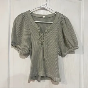 FINAL PRICE Free People FP One Hayden Thermal Waffle Knit Puff Sleeve Lace-Up thumbnail 2