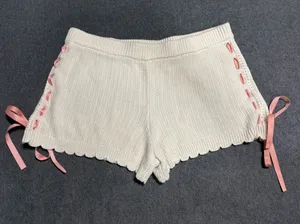 🆕 Betsey Johnson Cream Knit Scallop Hem Shorts with Pink Ribbon Size S thumbnail 1