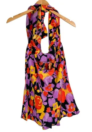 Y2K Abstract Floral Halter Top Sz Medium 100% Silk thumbnail 2