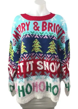 NEW 33 Degrees Merry & Bright Multicolor Christmas Holiday Sweater Top Size L thumbnail 1