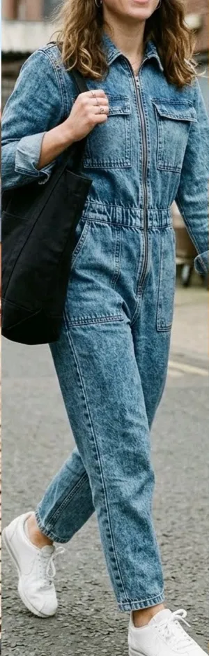 H&M Retro 80s Vibe Acid Wash Long Sleeve EDGE Denim Boiler Jumpsuit/Coveralls 4 thumbnail 1