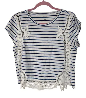 Maeve White Blue Striped Crochet Crop Blouse Womens L Casual Girly Coquette thumbnail 1