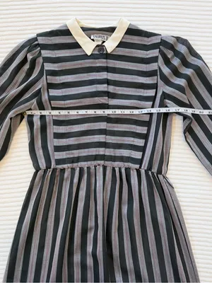 Vintage Union Made Striped Black & Gray Long-Sleeve Academia Dress Made in USA thumbnail 5