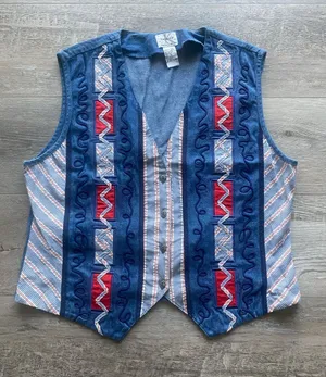 Vintage Koret Denim Vest Womens Sz Medium Blue Button Down Patterned thumbnail 1