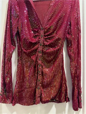 Free‎ People Magenta Sequin Long Sleeve Button Down Shirtee Top Size Small thumbnail 4