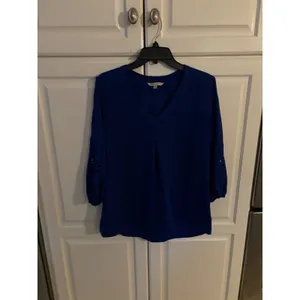 Hawthorn Blue V Neck 3/4 Sleeve Laser‎ Cut Detail Blouse Women Large thumbnail 2