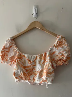 Abercrombie‎ & Fitch Orange and Cream Floral Linen Blend Puff Sleeve Crop Top thumbnail 7