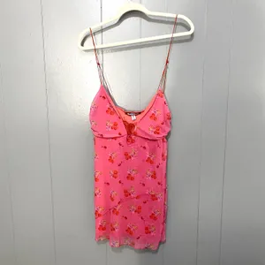 NEW Urban Outfitters Pink Cherry Mesh Summer Bright Side Lace-up Mini Dress M thumbnail 3