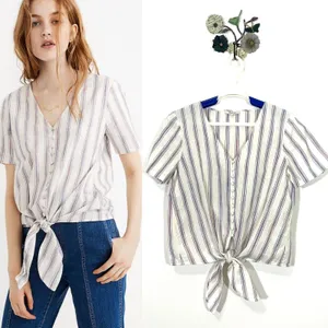 Madewell Agency Button Front Top in Sarasota Stripe Ivory Size Medium Tie Hem thumbnail 2