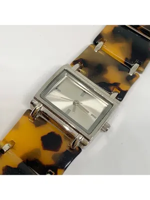 Folio women’s watch 28mm silver tone tortoise shell acrylic link 6” running thumbnail 2