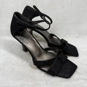 Franco Sarto Black Glitter Square Toe Strappy Ankle‎ Strap Sandals Heels 7.5 thumbnail 1