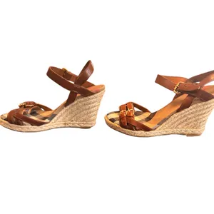 Burberry Tan Leather Check Canvas Espadrille Wedge Sandals EU 35 Italy GUC FLAW thumbnail 7
