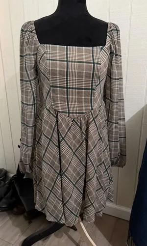 Copper Key Brown Green Plaid Square Neck Smocked Back Mini Dress NWT Size M thumbnail 1