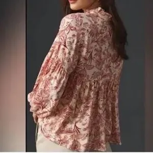 By Anthropologie peasant blouse off white‎ & red tie collar women's size small thumbnail 2