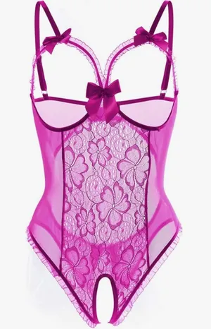 Victoria's Secret Lace Bow-Accent Sheer Teddy Bodysuit - Fuchsia thumbnail 1