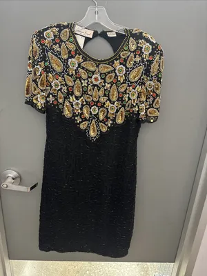 1980s Laurence Kazar NY Beaded Multicolor Bodice Dress Size L VTG 100 Silk 3989 thumbnail 3