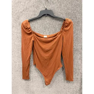 Wilfred Women Bodysuit L Copper Brown Cowl Neck Puffed Shoulder Ribbed 73611 thumbnail 3