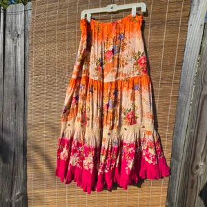 Vintage Y2K 90s Boho Maxi Skirt Tiered Ruffle Floral Macrame Gauzy Rayon India M thumbnail 7