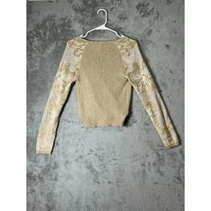 Anthropologie Gold Metallic Knit Surplice Wrap Top Sheer Lace Sleeve Balletcore thumbnail 3
