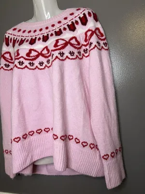 CeCe Sweater Womens XL Pink Fair Isle Hearts Bows Crew Neck Knit Pullover thumbnail 4