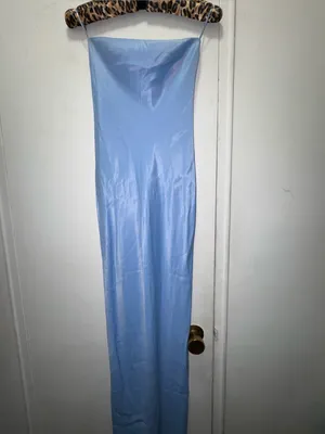 Bershka satin bandeau maxi dress in dusty blue small thumbnail 5