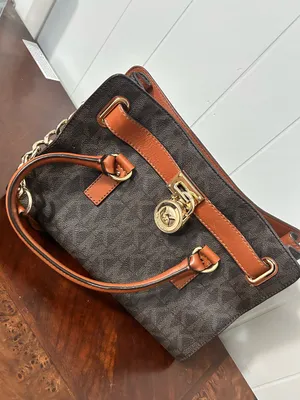 Michael Kors Hamilton Satchel Brown Monogram Canvas Tan Leather Gold Padlock Bag thumbnail 9