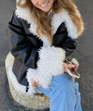 Lioness Black Faux Leather Jacket with White Shearling Trim thumbnail 1