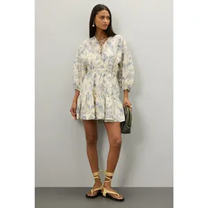 SANDRO Off White Floral Lace Up Neck Tie Mini Josella Dress Size Small thumbnail 3
