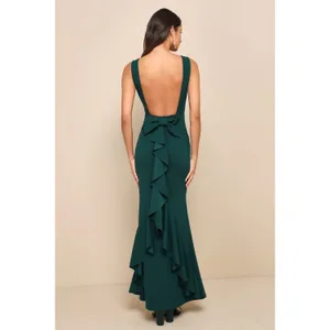 NWT Lulus Exquisite Refinement Emerald Backless Bow Ruffled Maxi Dress Gala Sz M thumbnail 3