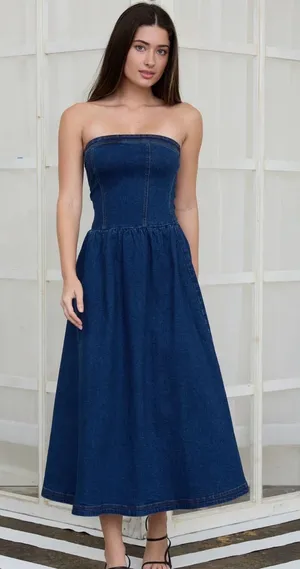 The Workshop Strapless Smocked Denim Midi Dress Dark Denim – Size Medium thumbnail 1
