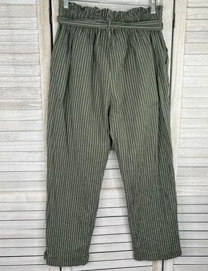 SIENNA SKY High Rise Cropped Casual Pants w Paperbag Waist Olive Stripe-L thumbnail 3