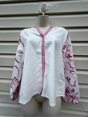 Calypso St. Barth Embroidered Linen Blend Blouse Women Small White Pink thumbnail 2