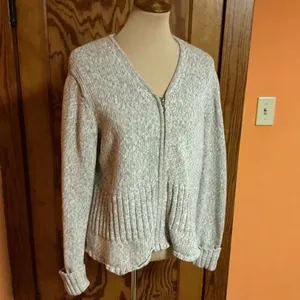 Y2K Christopher & Banks Oatmeal Zip Cardigan L Ramie Cotton Knit Sweater thumbnail 7