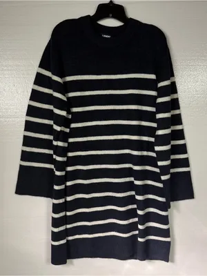 Lands’ End Sweater Dress Women L 12-14 Blue White Striped Long Sleeve Nautical thumbnail 1