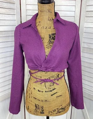 Zara Houndstooth Cropped Polo Top Purple Black‎ Small Long Sleeve Deep V-neck thumbnail 1