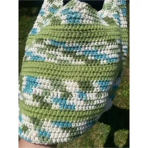 Hand-Crocheted Shoulder Bag Green Blue Cream Sling Purse Boho Hobo Market thumbnail 2