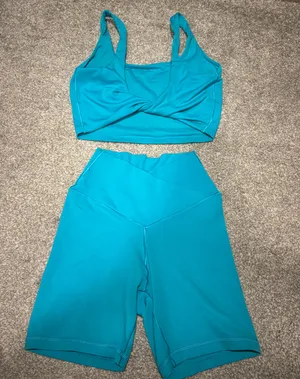 Offline by Aerie Teal Twist-Front Sports Bra & High-Waist Bike Shorts Set thumbnail 1