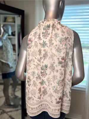 Max Studio Floral Sleeveless Blouse Large Boho Tie Neck Cream Ivory Cottagecore thumbnail 4