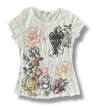 Y2K Graphic Rose Cross Tee‎ Appropriate Behavior White Distressed Glitter S/M thumbnail 1