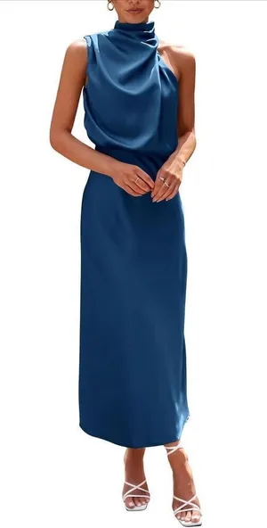 NEW Satin Elegant Sleeveless Mock Neck Cocktail Maxi Dress XS thumbnail 1