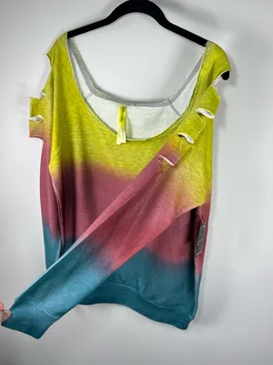 Ombre Cutout Sweatshirt Yellow Pink Blue Wide Neck Slouchy 80s Streetwear Large thumbnail 5