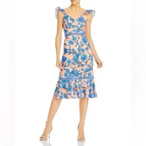Alice + Olivia Jade Ruffled Floral Midi Dress Coral Blue Lace‎ Illusion Size 12 thumbnail 4