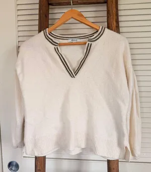 Madewell Cream V Neck Sweater XS Long Sleeve Striped Trim Relaxed Fit XS thumbnail 1