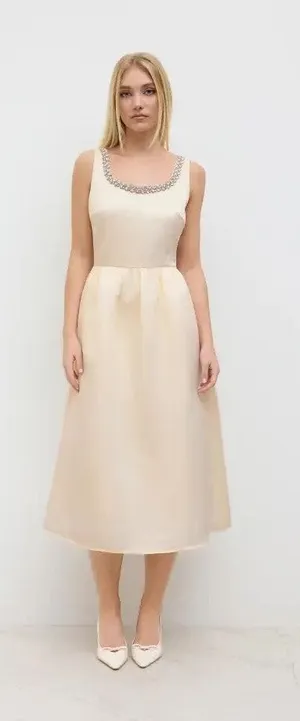 Cider NWT Women's Vintage Style Cream Satin Midi Dress Scoop Embellished Neck S thumbnail 1