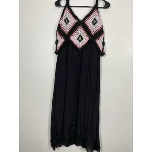 REBELLION Crochet Geometric Maxi Dress Sleeveless Black Pink Size M thumbnail 8