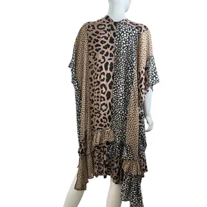 Umgee Womens‎ Leopard Patchwork Ruffle Kimono Wrap Brown Black SM thumbnail 6