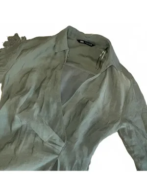 Zara Sage Green Womans L Summer mini dress v-neck long sleeves draped crossover thumbnail 4