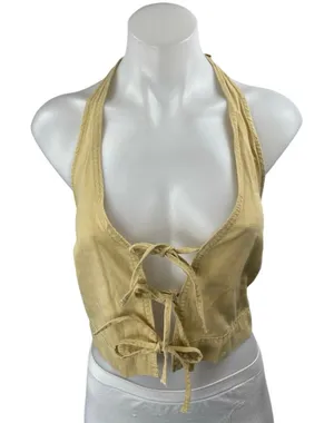 NEW MNG Mango Yellow Sleeveless Halter Tie Knot Open Back Vest Crop Top Size XS thumbnail 1